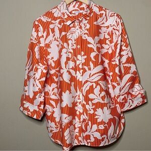 Chico’s No Iron Stretch Orchid Blouse Women Size 12 Orange White Striped Floral